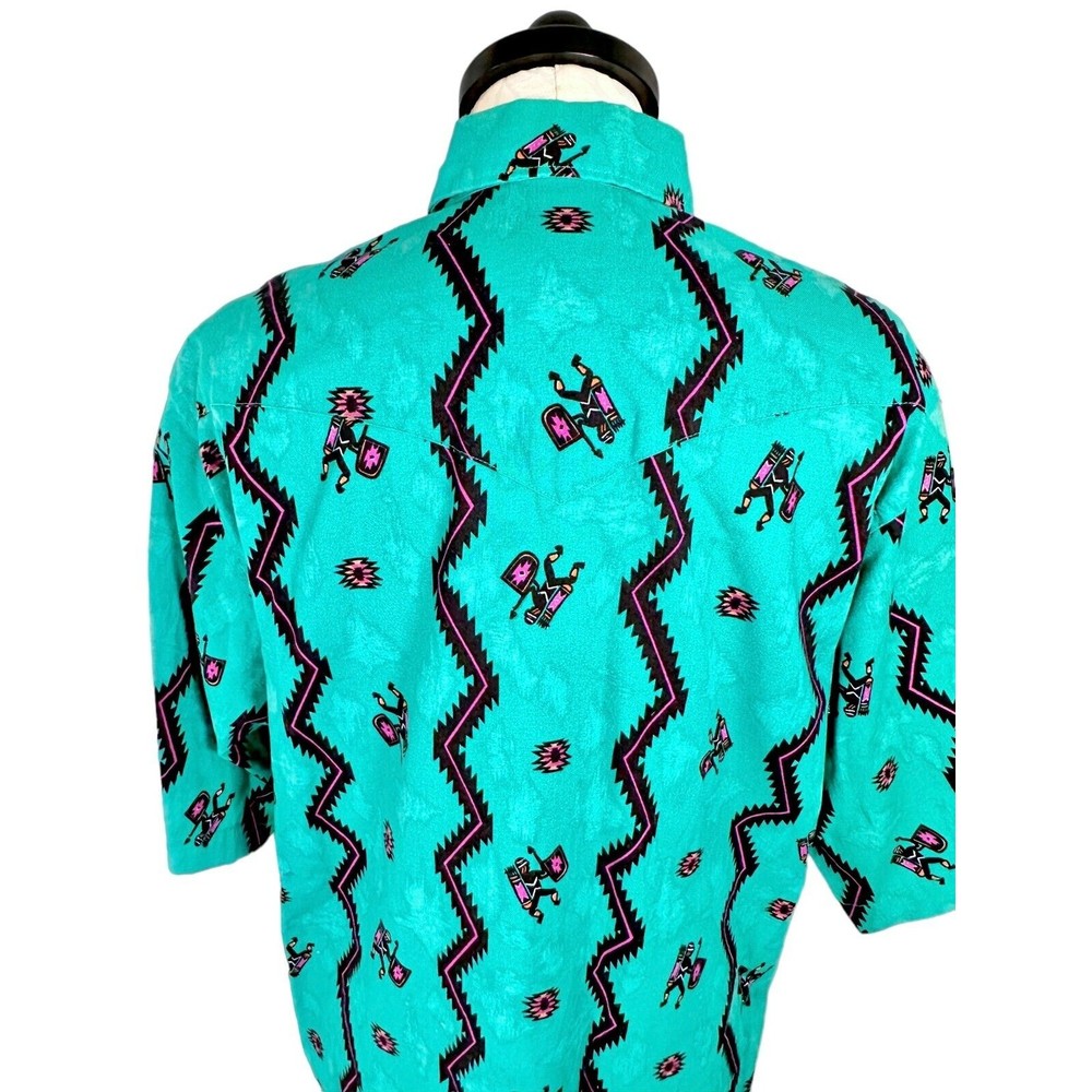 Vintage Wrangler Western Shirt Aztec Teal Cowboy Cut X-Long Tails Men's 17 - Picture 6 of 13